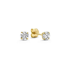 Gold-tone stud earrings with round clear stones, shown as a pair