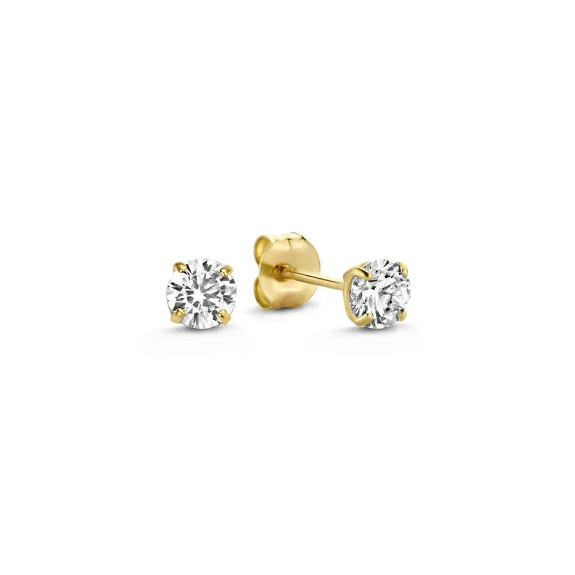 Gold-tone stud earrings with round clear stones, shown as a pair