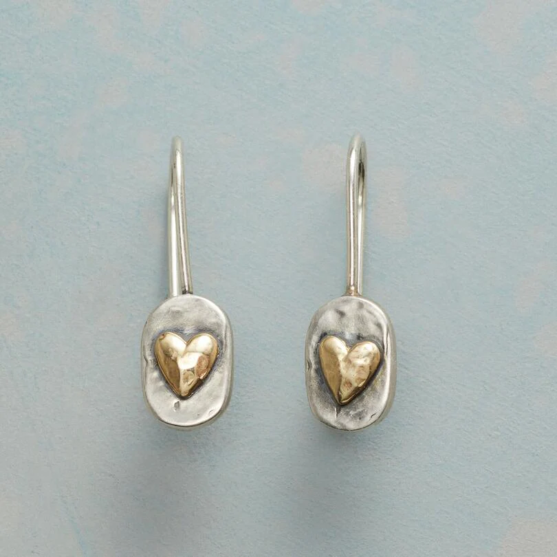 Silver oval heart drop earrings with gold-tone heart inset and hinged hooks
