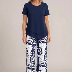 Navy peplum short-sleeve top and wide-leg trousers set with white leaf print