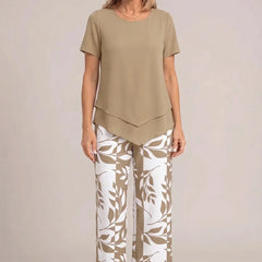 Beige peplum short-sleeve top and wide-leg trousers set with white leaf print