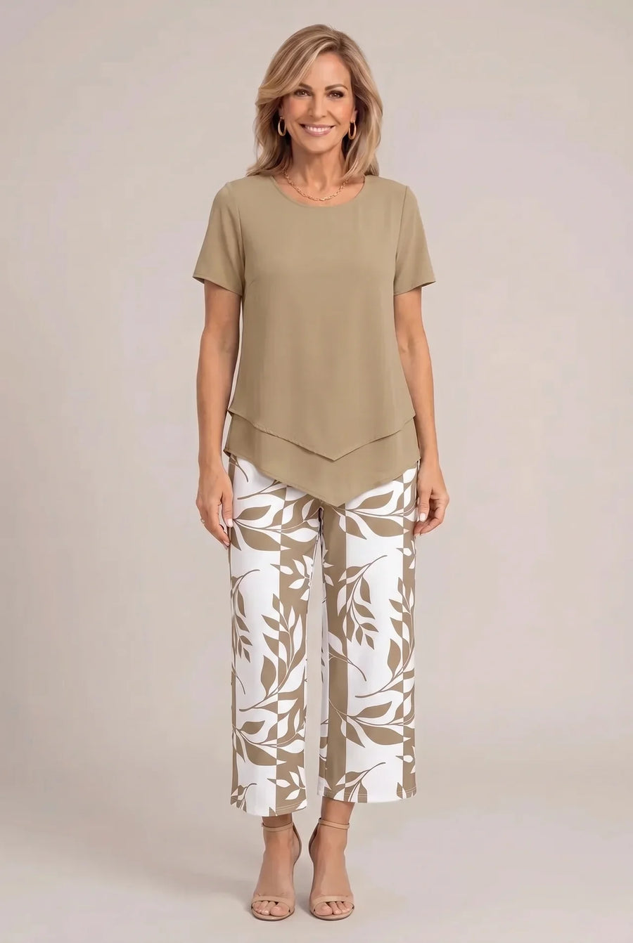 Beige peplum short-sleeve top and wide-leg trousers set with white leaf print