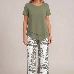 Olive green peplum short-sleeve top and wide-leg trousers set with white leaf print