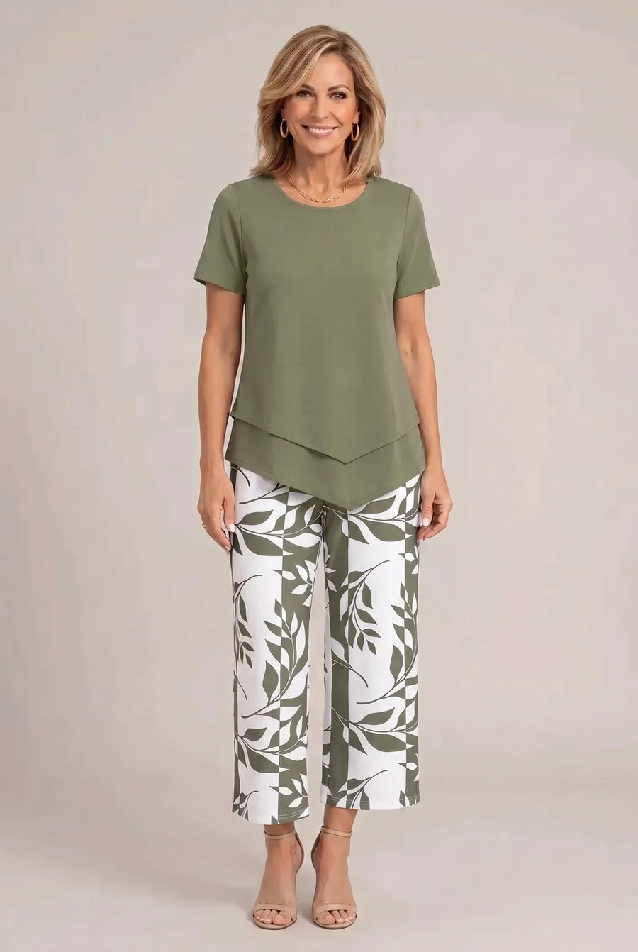 Tailored two-piece wide-leg set with olive green top and leaf-print wide trousers