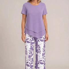 Lavender peplum short-sleeve top and wide-leg trousers set with white leaf print