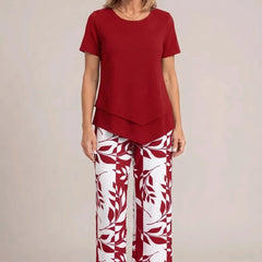 Red peplum short-sleeve top and wide-leg trousers set with white leaf print