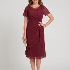 Elegant chiffon draped dress in bordeaux with twisted front ruffles and short sleeves