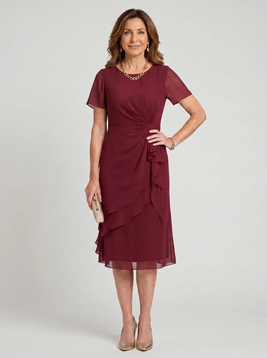 Elegant chiffon draped dress in bordeaux with twisted front ruffles and short sleeves