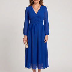 Chloe™ blue chiffon dress, V-neck, long puff sleeves, gathered waist midi