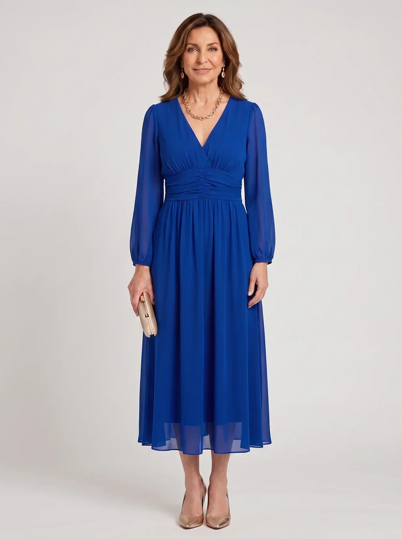 Chloe™ blue chiffon dress, V-neck, long puff sleeves, gathered waist midi