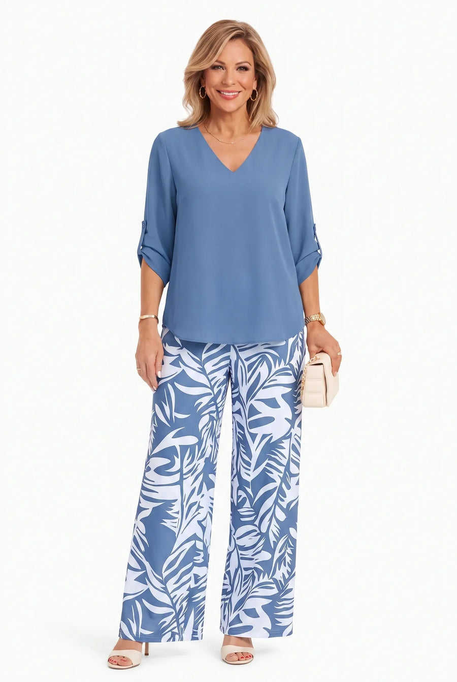 Blue V-neck top and wide-leg pants set with palm-leaf print