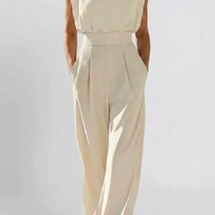 Noemi elegant belted jumpsuit, off-white sleeveless with fitted waist and wide legs