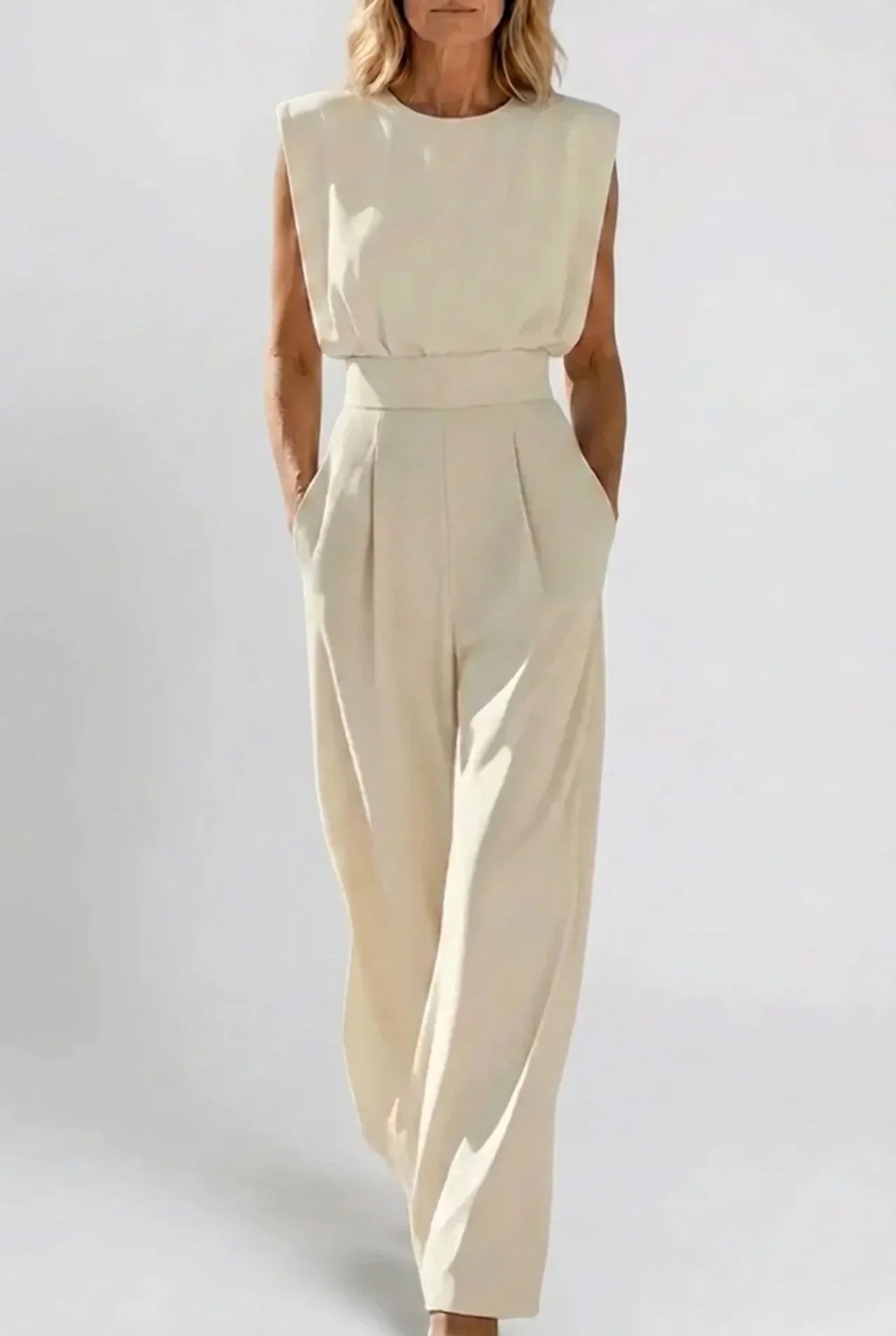 Noemi elegant belted jumpsuit, off-white sleeveless with fitted waist and wide legs
