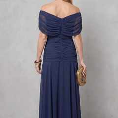Dark blue ruched off-shoulder maxi dress, gathered straps, draped back