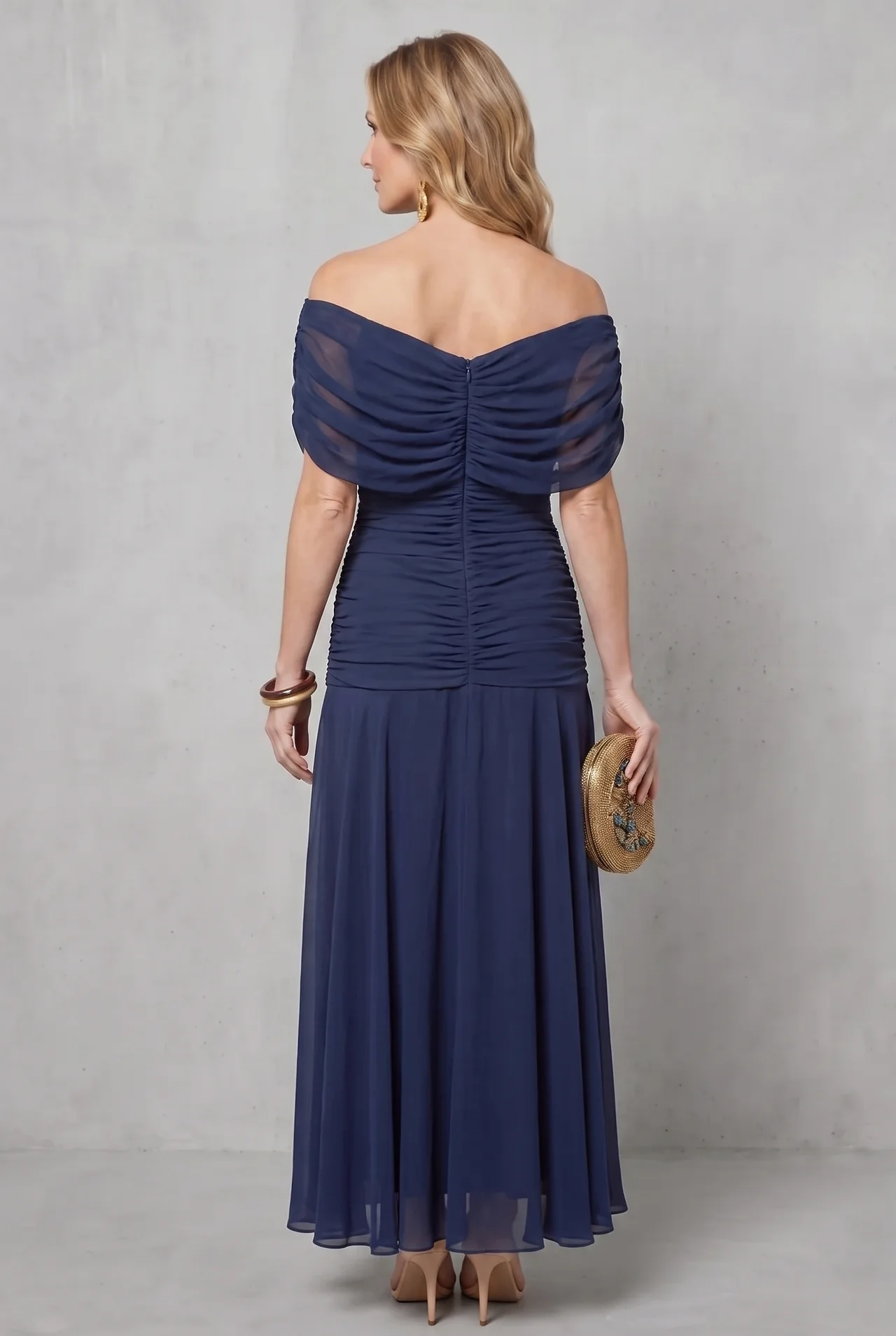 Dark blue ruched off-shoulder maxi dress, gathered straps, draped back