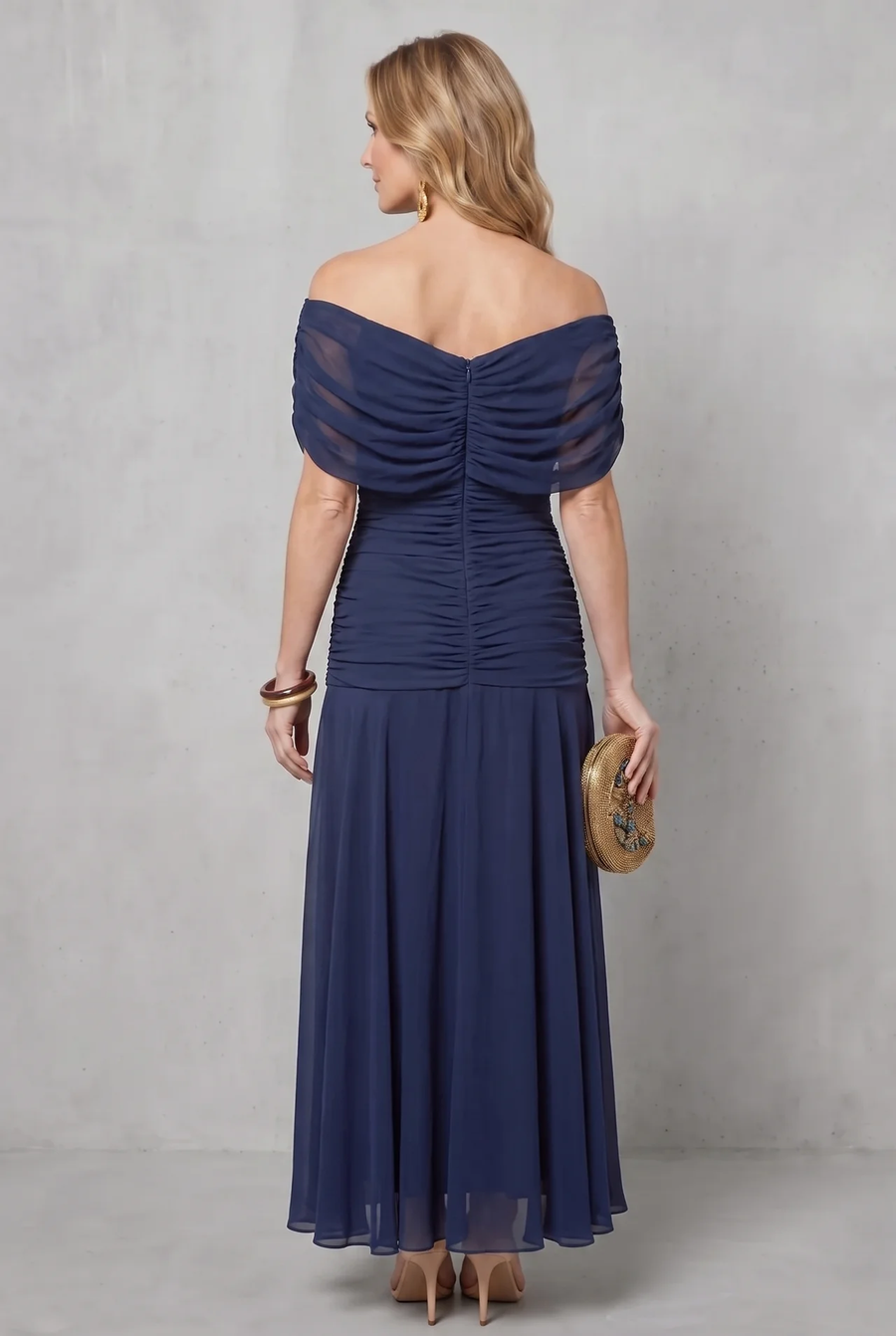 Dark blue ruched off-shoulder maxi dress, gathered straps, draped back