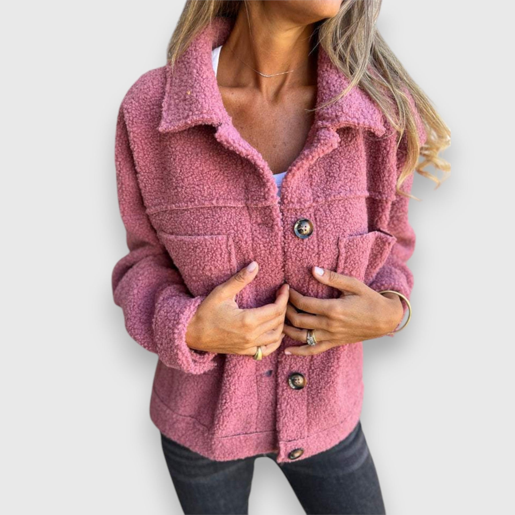 Mona stylish autumn coat in pink textured fleece with button front and chest pockets
