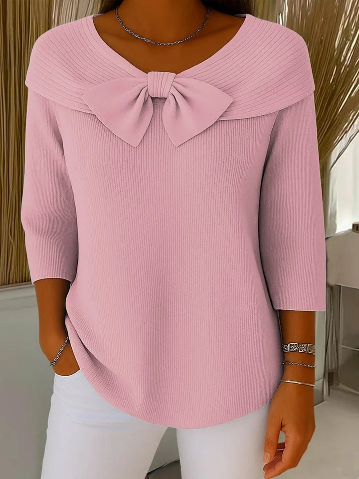 Elegant mauve tunic top with bow neckline and ribbed three-quarter sleeves