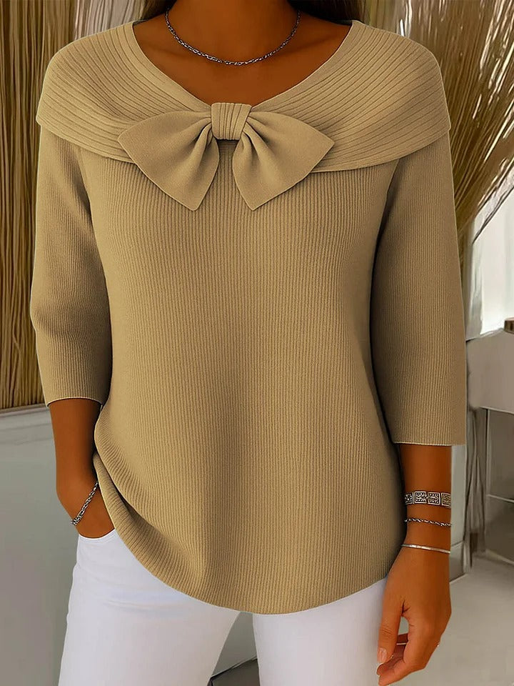 Tessa tunic, tan ribbed knit with bow at neckline, 3/4 sleeves