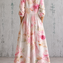 Floral summer dress, back view, gathered waist, 3/4 sleeves, long tiered skirt in pink
