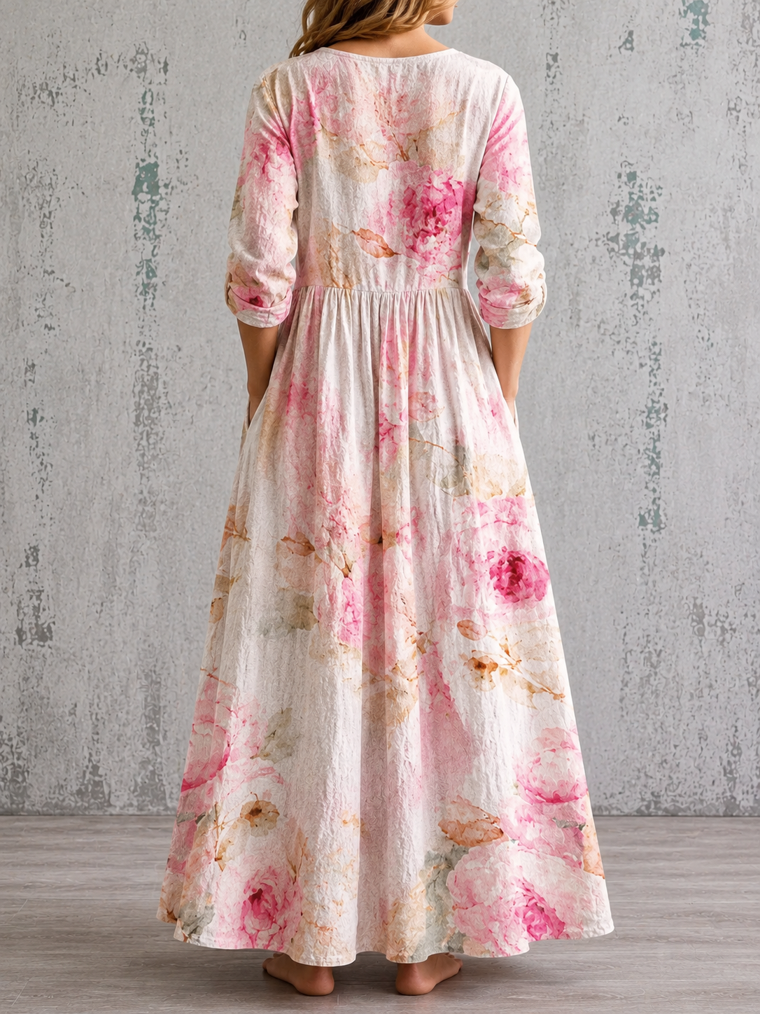 Floral summer dress, back view, gathered waist, 3/4 sleeves, long tiered skirt in pink