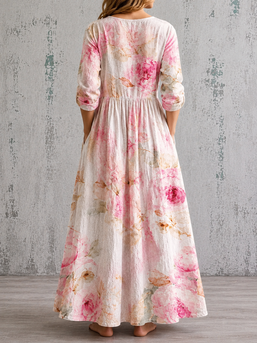 Floral summer dress, back view, gathered waist, 3/4 sleeves, long tiered skirt in pink