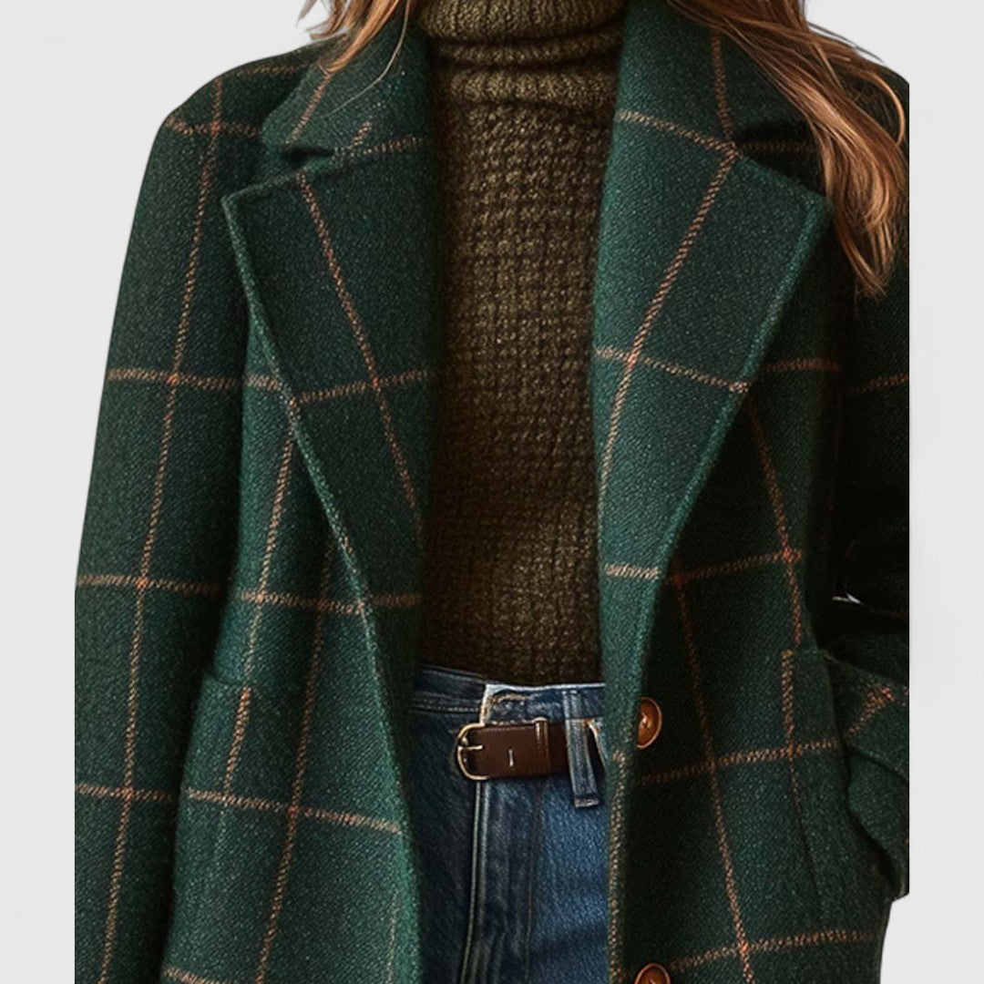 Dark green plaid winter coat front with notch lapels and brown button placket