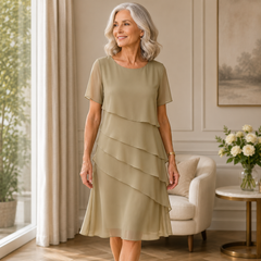 Khaki ruffle midi dress with short sleeves and layered tiered skirt