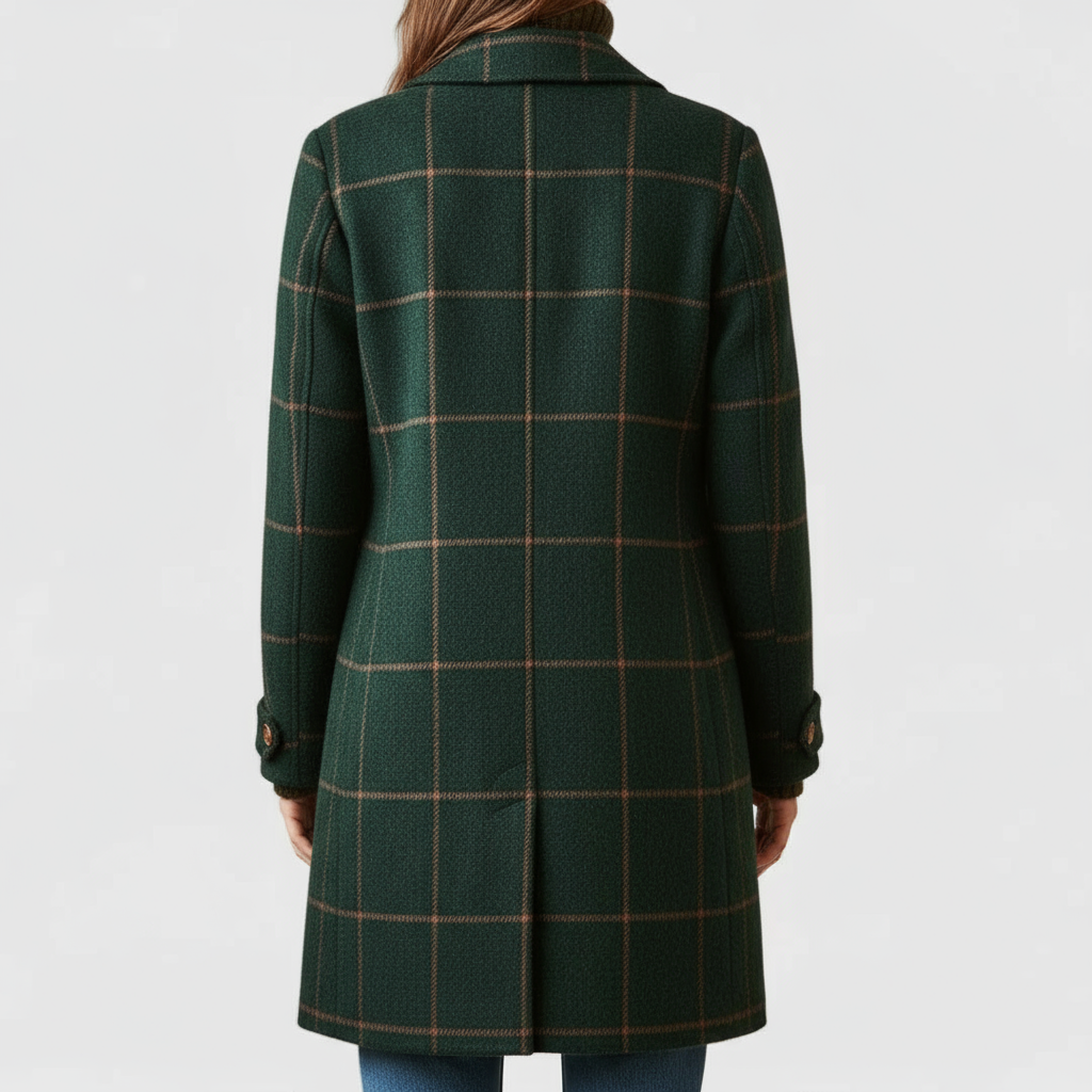 Back view dark green plaid long winter coat with single-breasted button closure