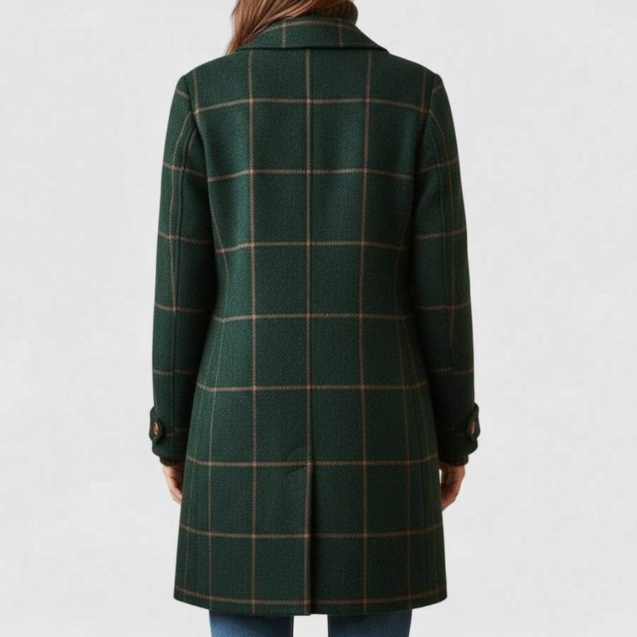 Back view dark green plaid long winter coat with single-breasted button closure