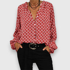 Long-sleeve blouse with red-and-white geometric pattern, V-neck, relaxed fit