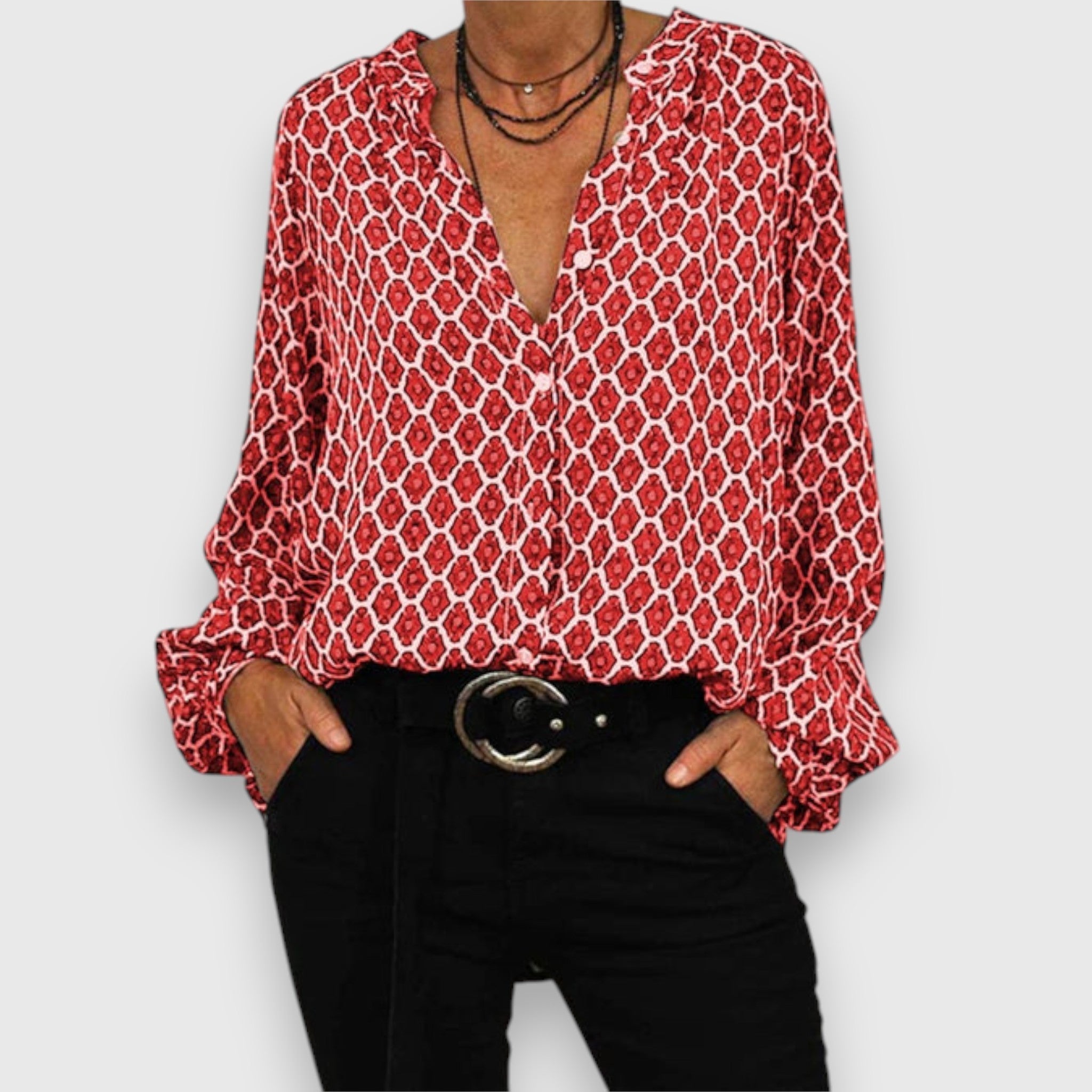 Long-sleeve blouse with red-and-white geometric pattern, V-neck, relaxed fit