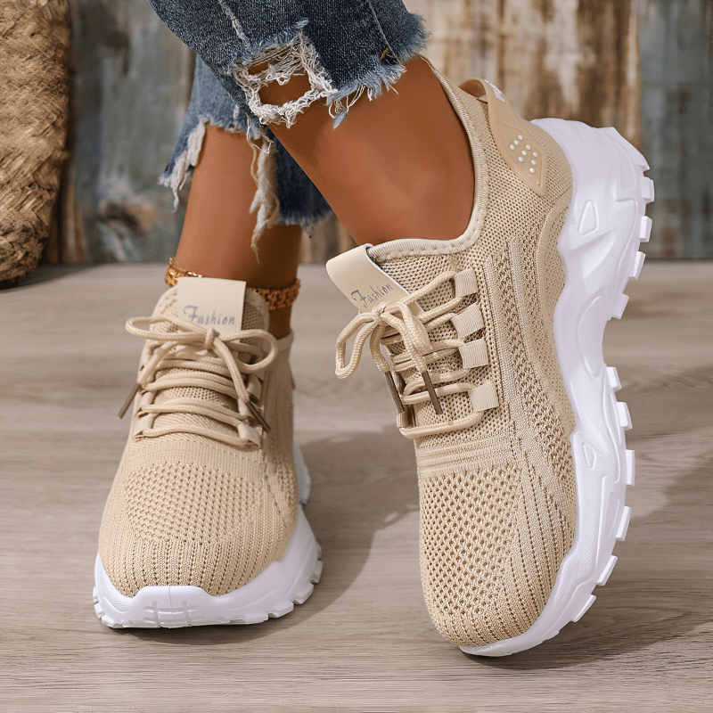 Beige knit comfort sneakers, lace-up with cushioned collar and chunky sole