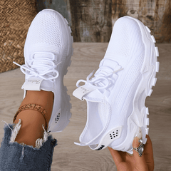 White knitted comfort sneakers, lace-up style with thick rubber outsole