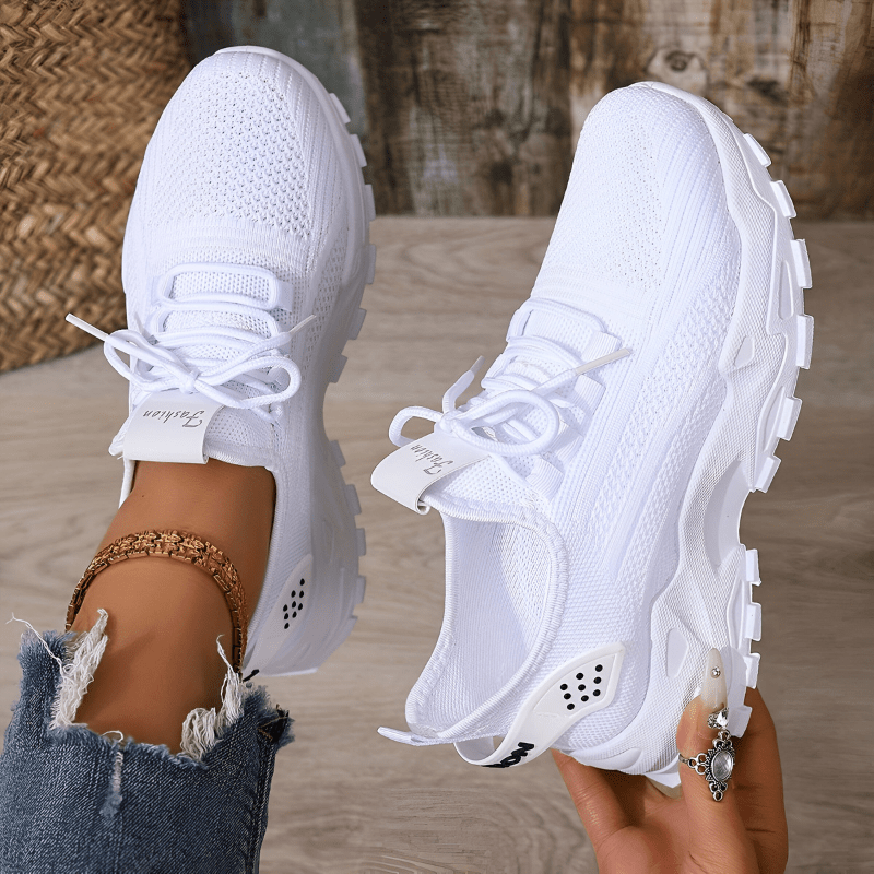 White knitted comfort sneakers, lace-up style with thick rubber outsole