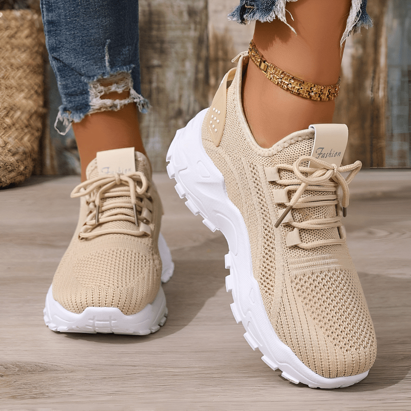 Khaki comfort sneakers with knitted upper, lace-up closure and white outsole