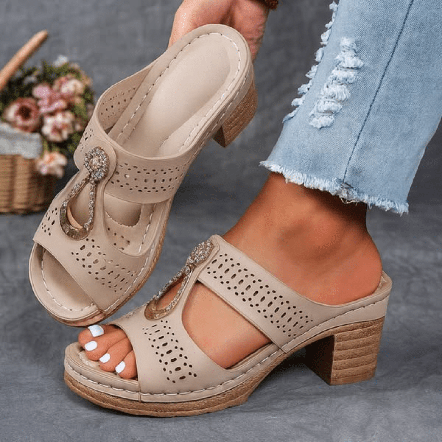 Khaki perforated open-toe sandals with decorative rhinestone strap and block heel