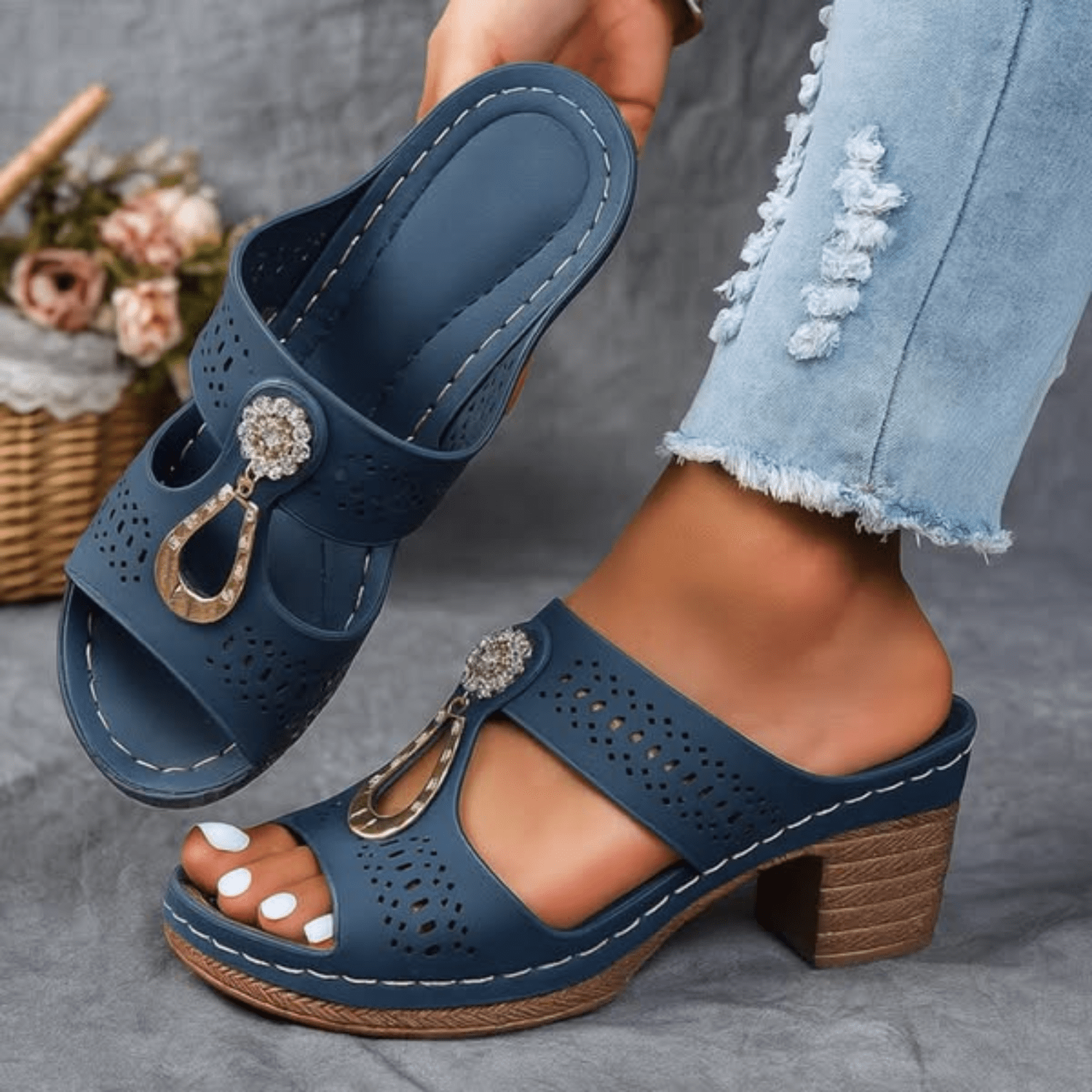 Blue perforated open-toe sandals with rhinestone O-ring strap detail and block heel