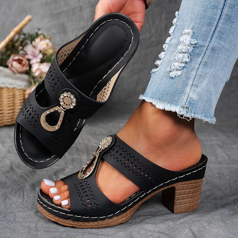 Black perforated T-strap sandals with rhinestone charm and mid-height block heel