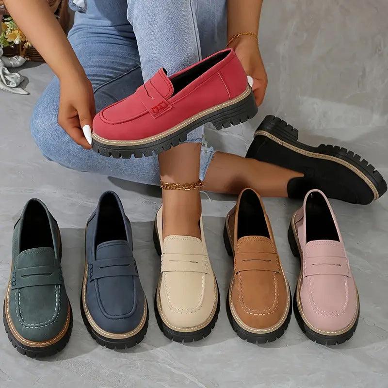 Comfort loafers in black, navy, beige, brown, and pink with chunky soles