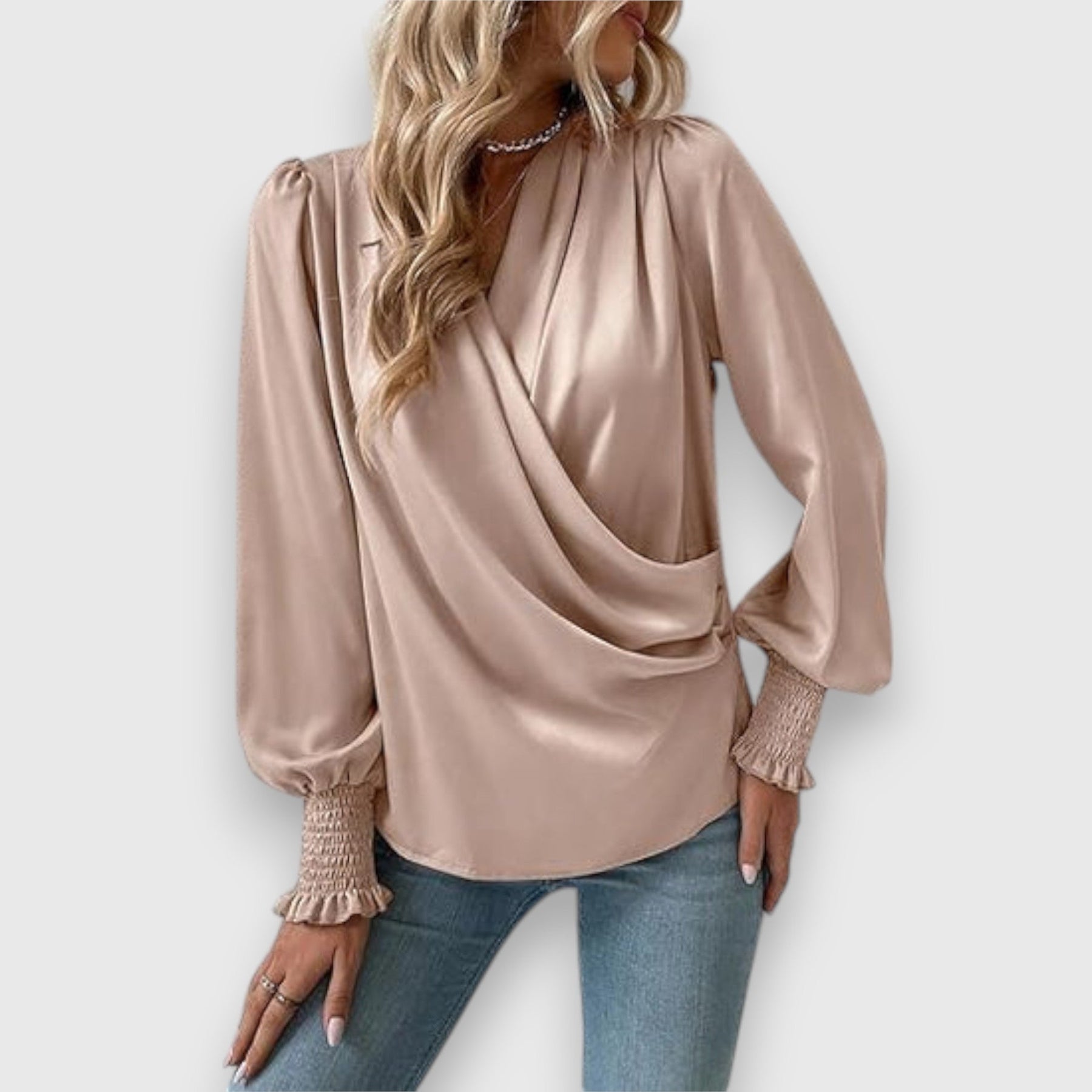 Beige long-sleeve satin blouse with draped cowl front and elasticized sleeve cuffs