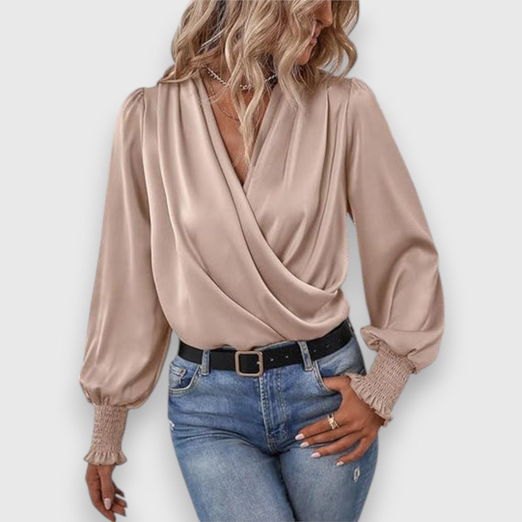 Beige long-sleeve satin blouse with cowl V-neck and gathered cuff details