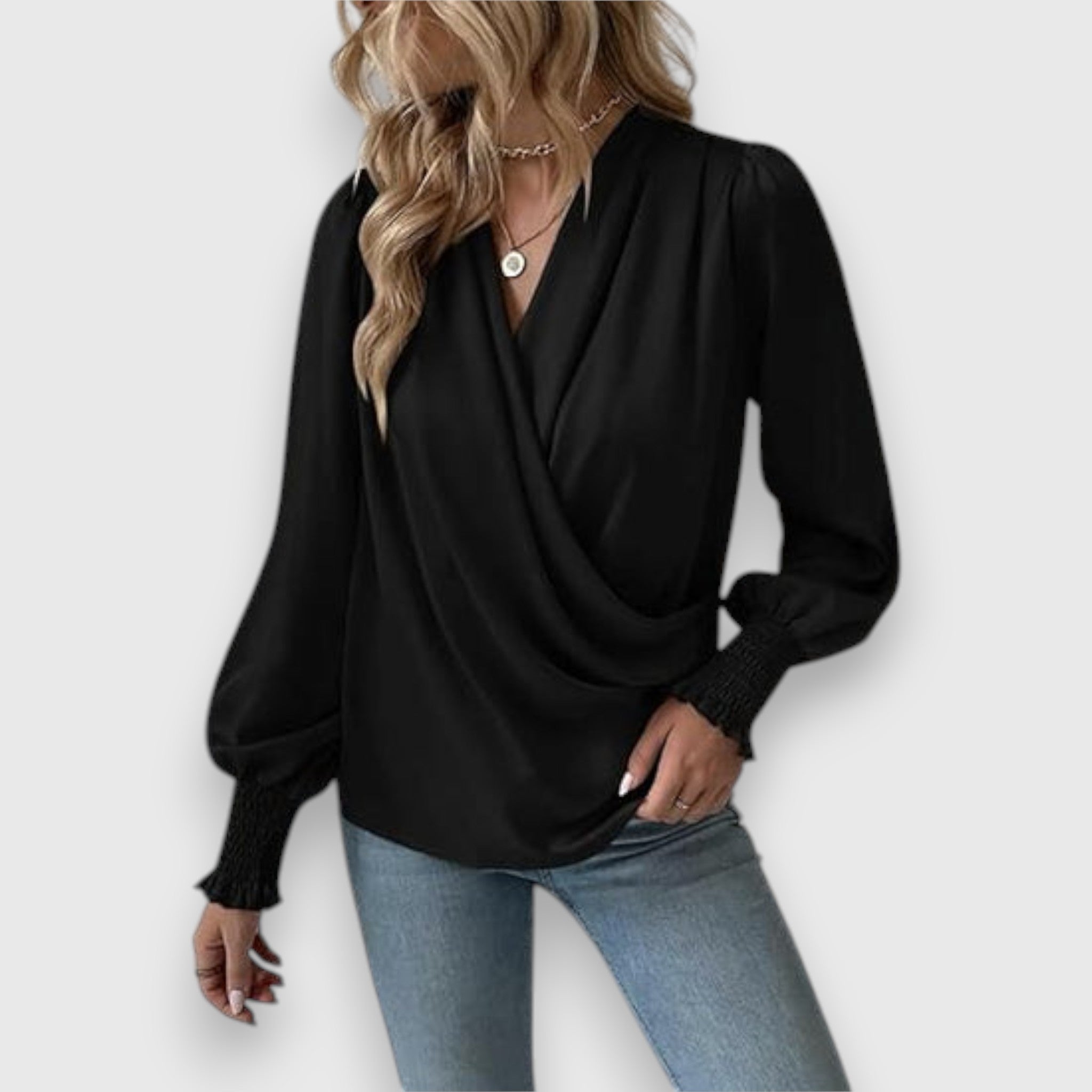 Black long-sleeve satin blouse with cowl neckline and gathered sleeve cuffs