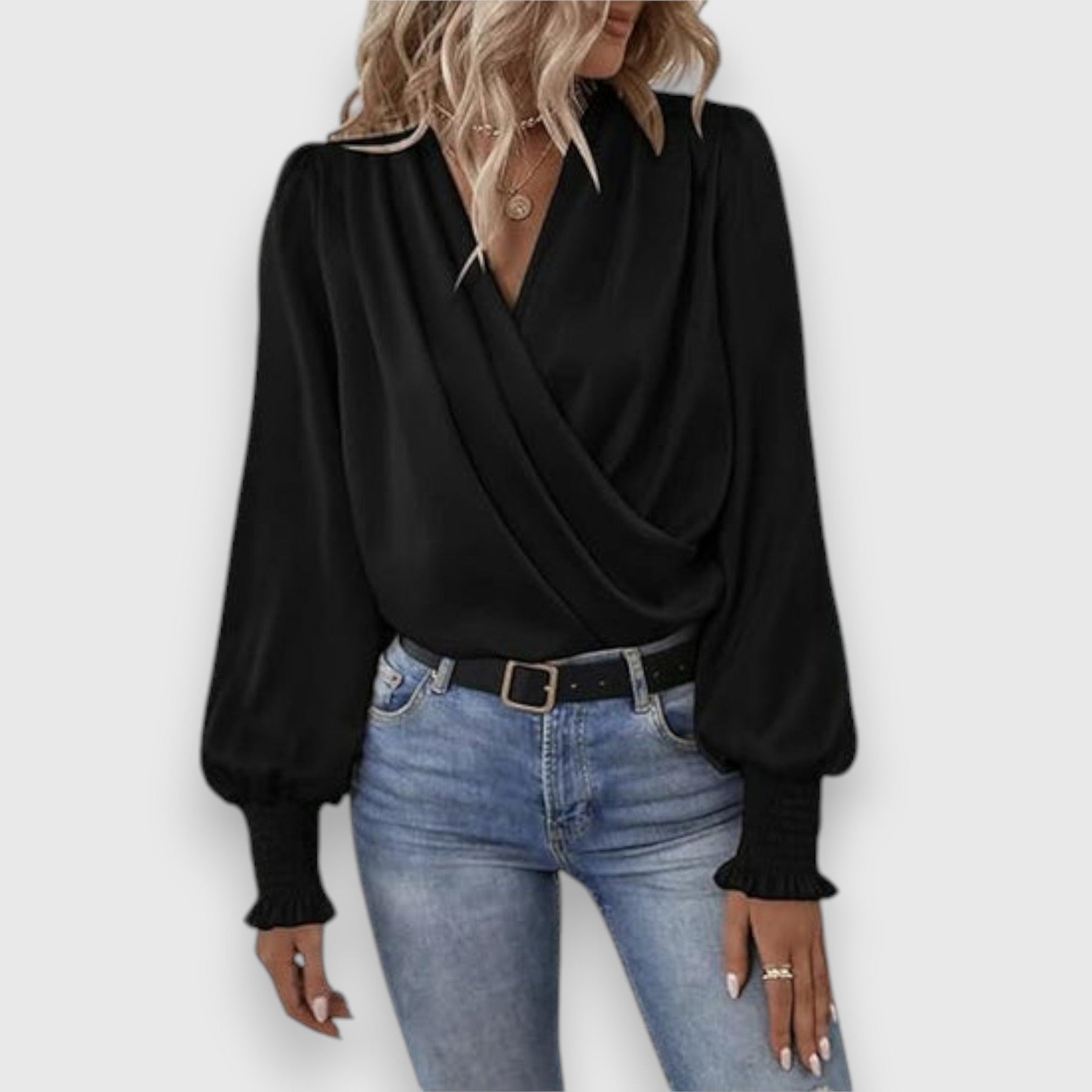 Black long-sleeve satin blouse with cowl V-neck wrap-style front