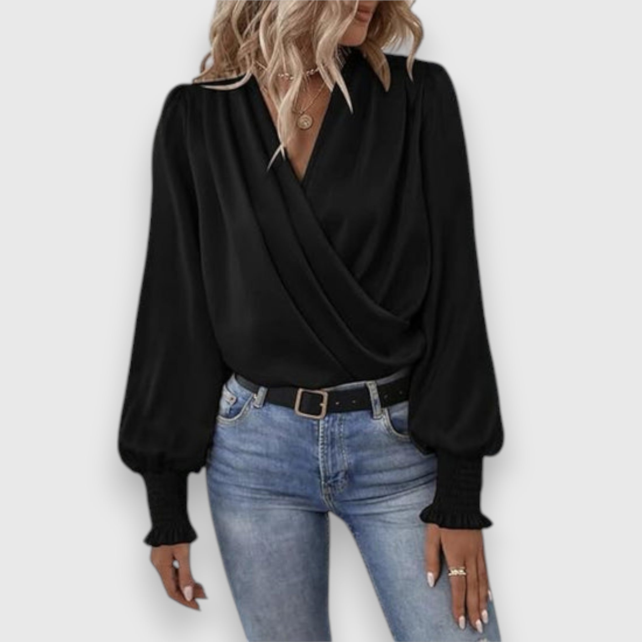 Black long-sleeve satin blouse with cowl V-neck wrap-style front
