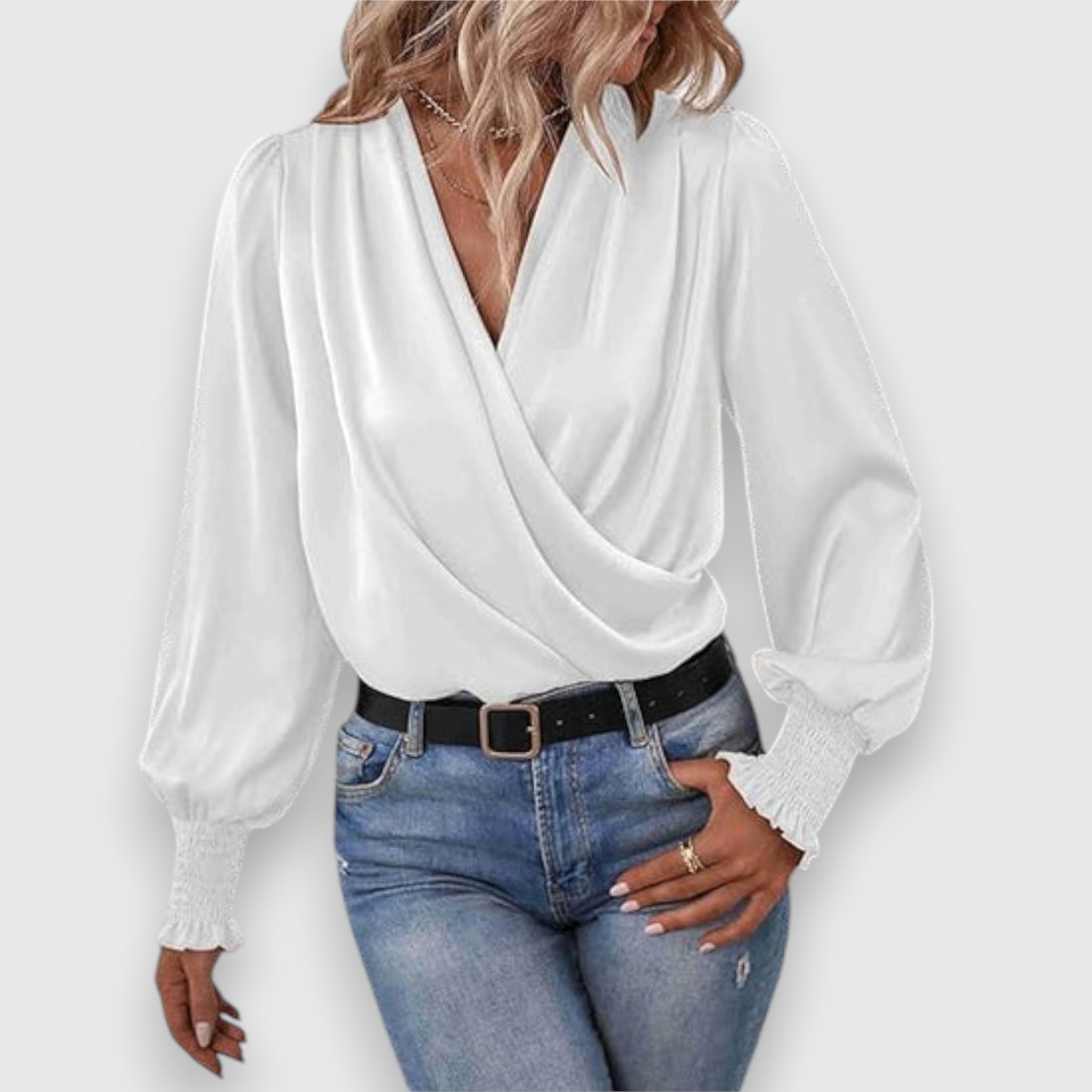 White long-sleeve satin blouse with cowl V-neck and elasticized gathered sleeve cuffs