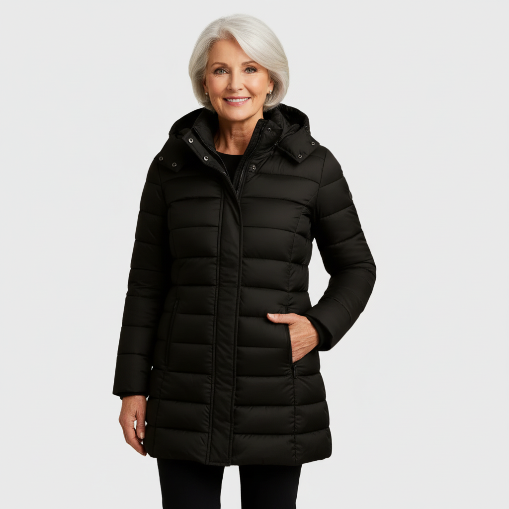 Black hooded puffer coat with full-zip front and side pockets.