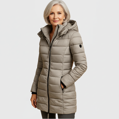 Taupe hooded puffer coat with full-zip front and side pockets.