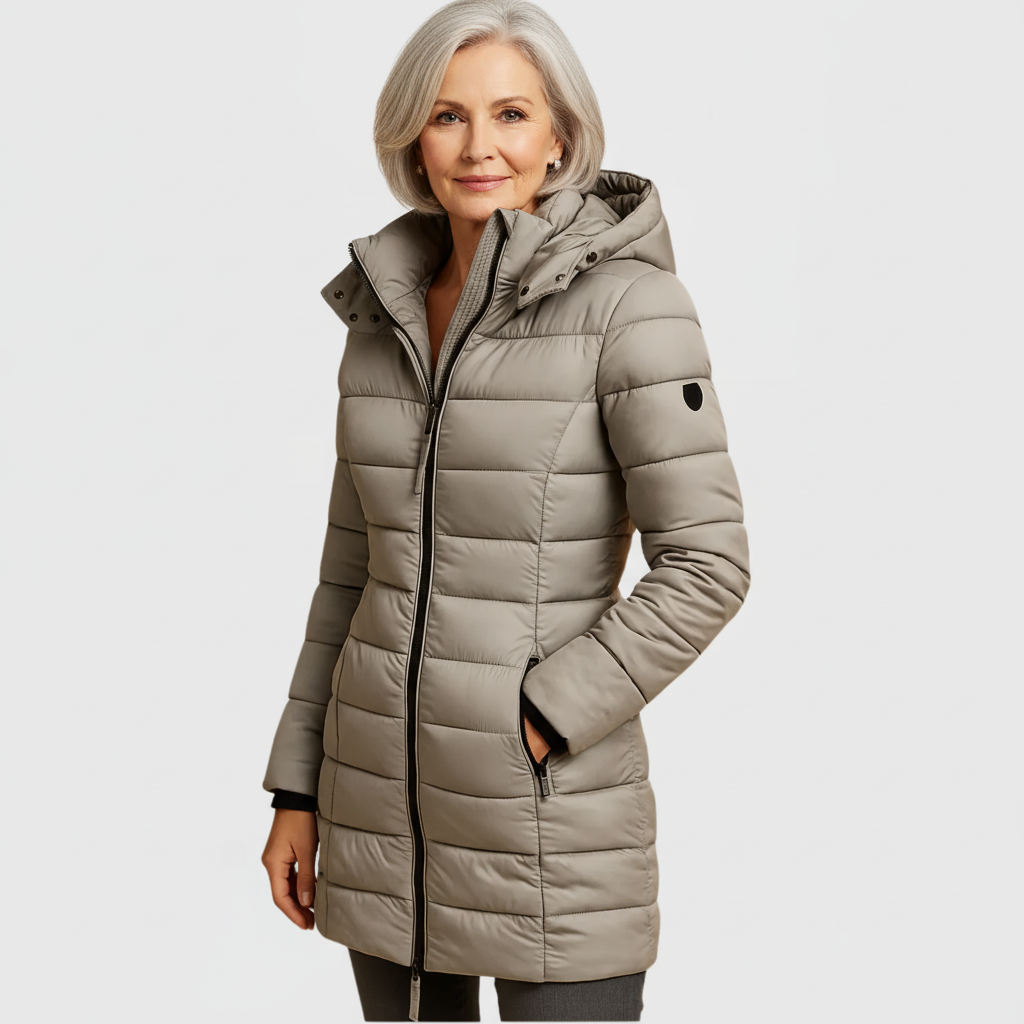 Taupe hooded puffer coat with full-zip front and side pockets.