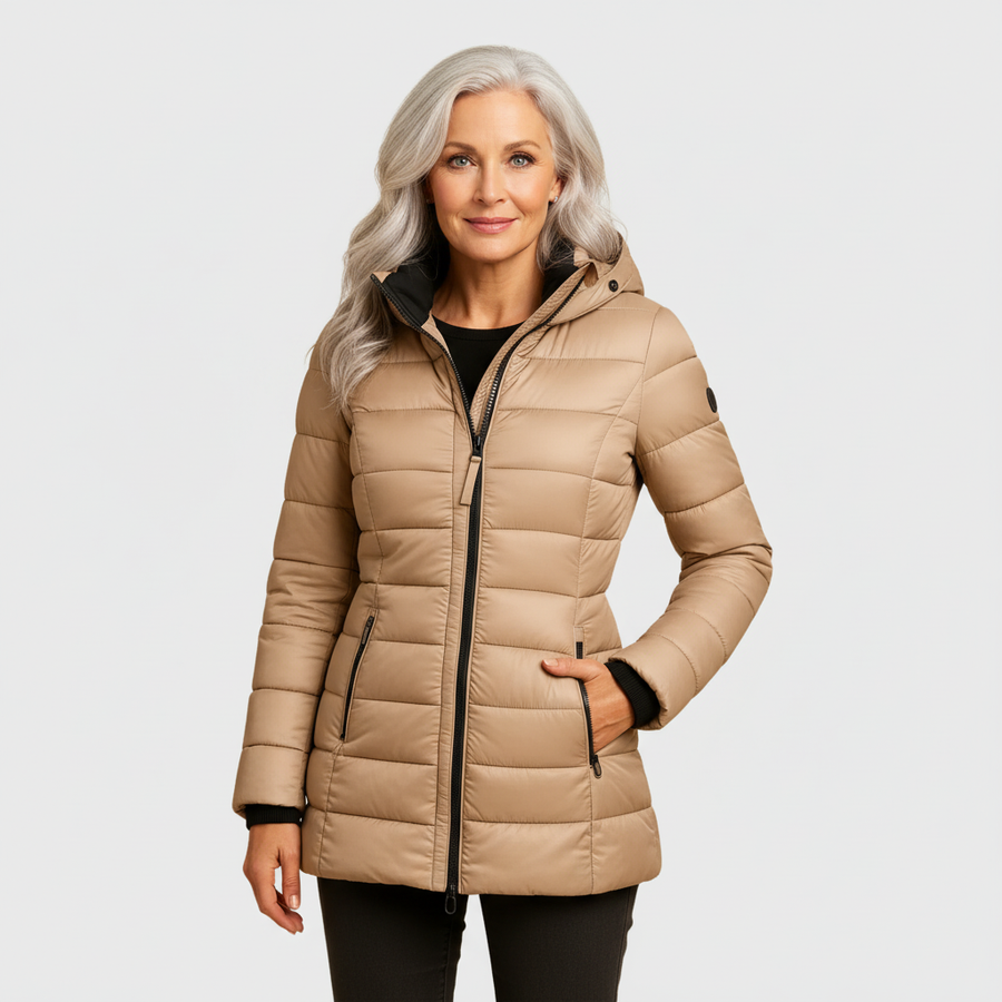 Beige hooded puffer coat with full-zip front, stand collar, side pockets.